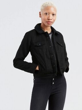 Levis Denim Blackout Sherpa LIned Jean Jacket Womens Black XL Pre Owned